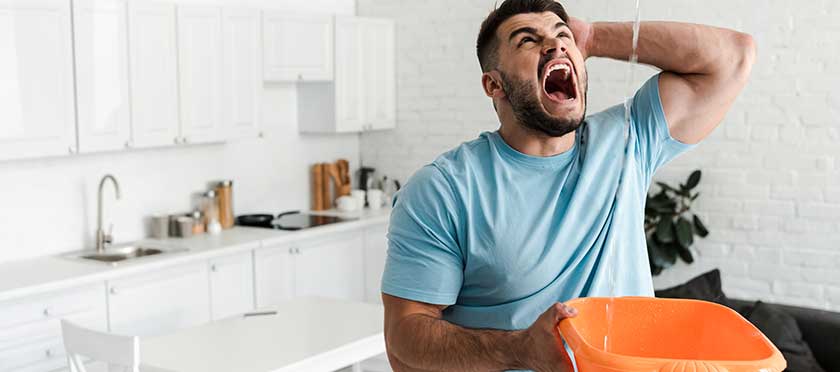 Screaming Man Holding Bucket Water Leak In Roof